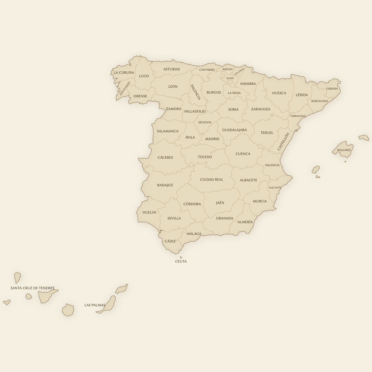 Styled Map of Spain Provinces (Vintage Theme)