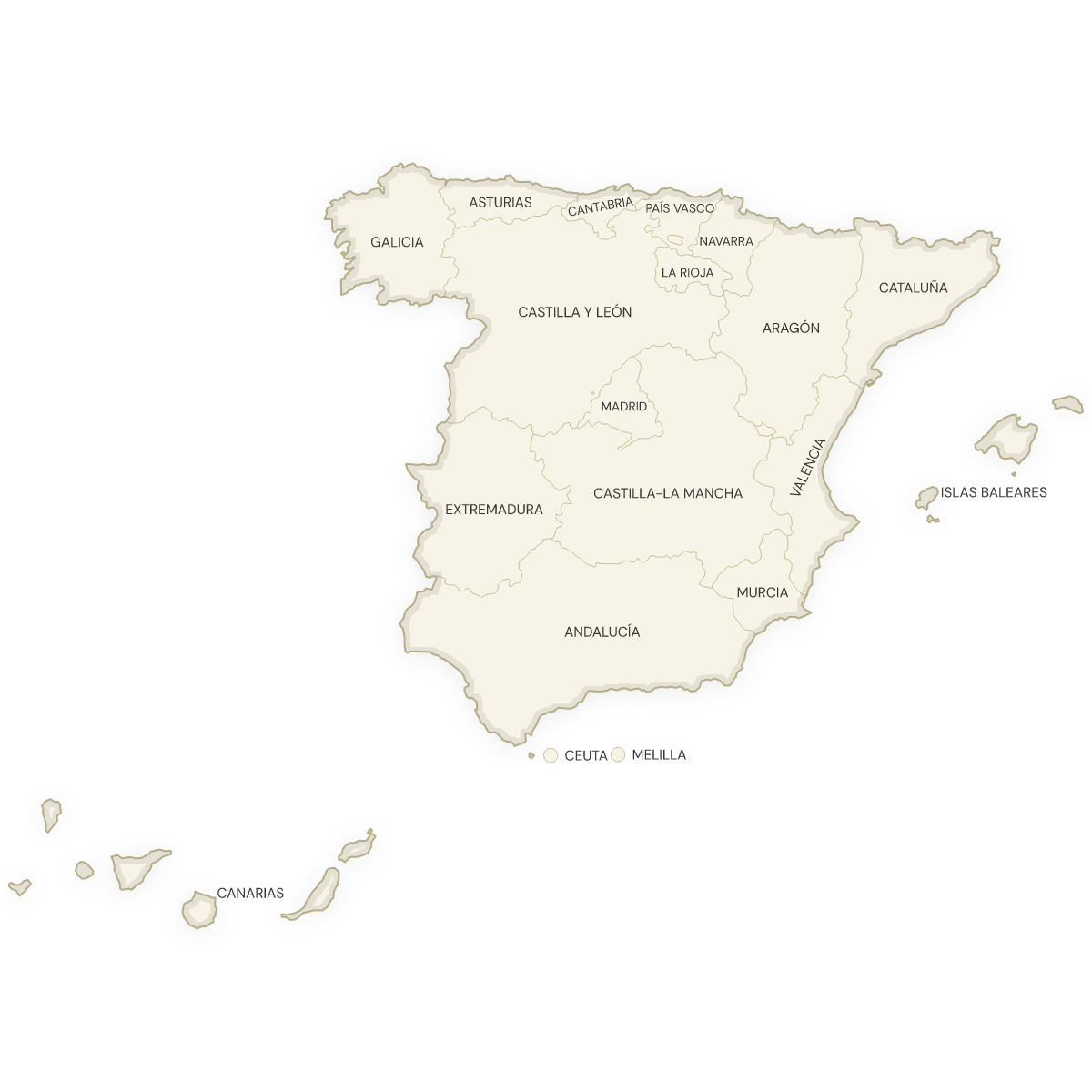 Blank map of Spain with labeled Autonomous Communities