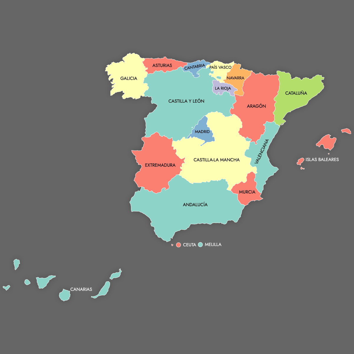 Custom Map of Spain Communities with Labels (Dark Theme)