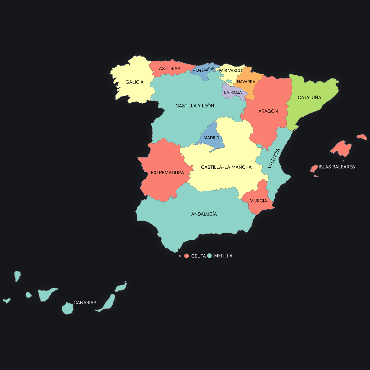 Dark themed map of Spain with Autonomous Communities