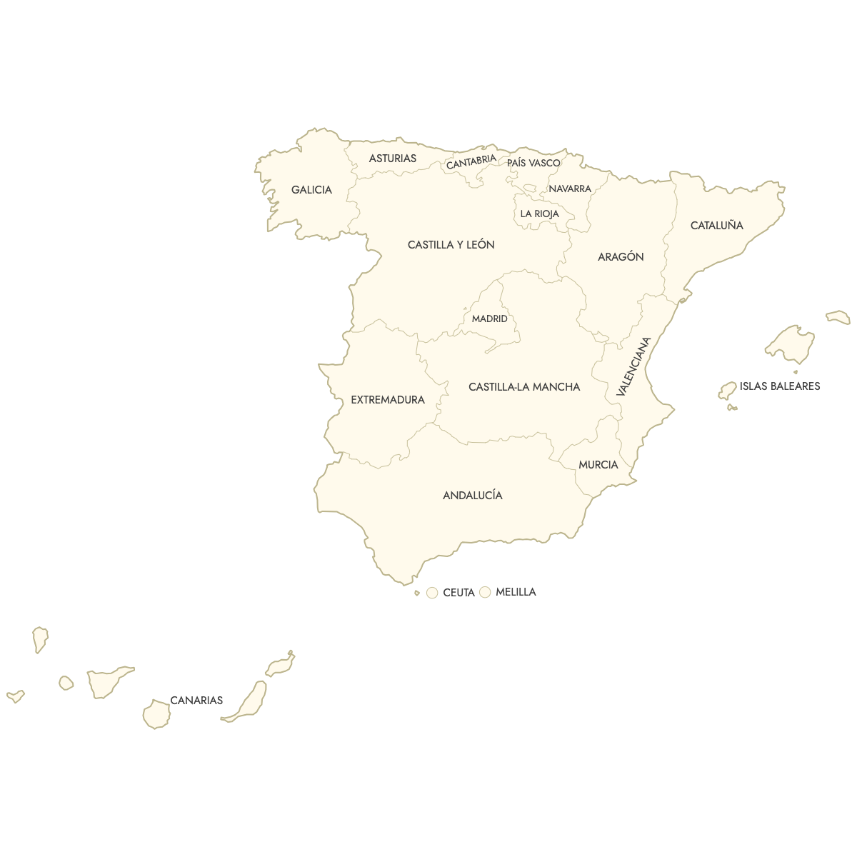 Unstyled Map of Spain Communities With Labels
