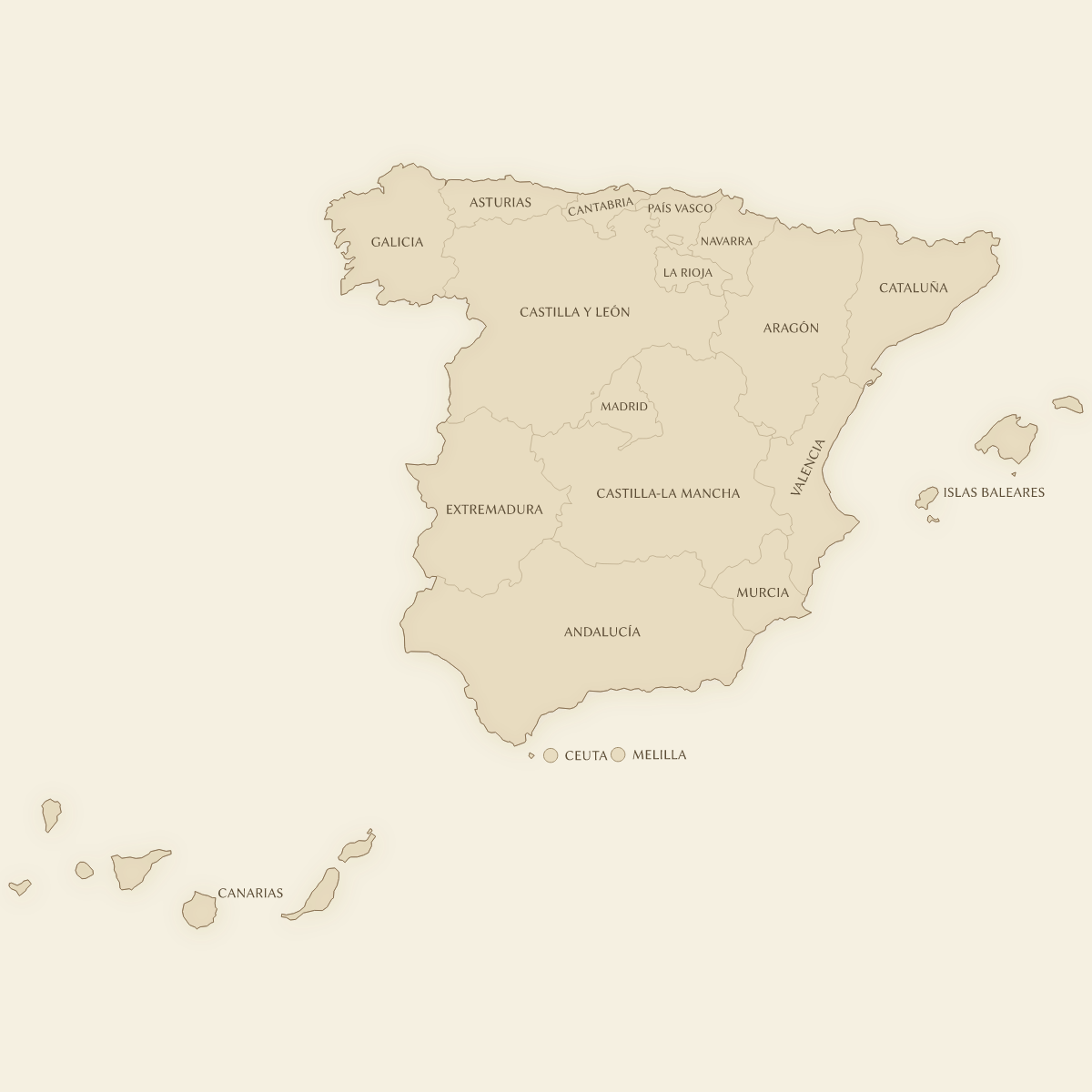 Vintage styled map of Spain with Autonomous Communities