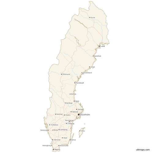 Map of Sweden with Cities and Roads