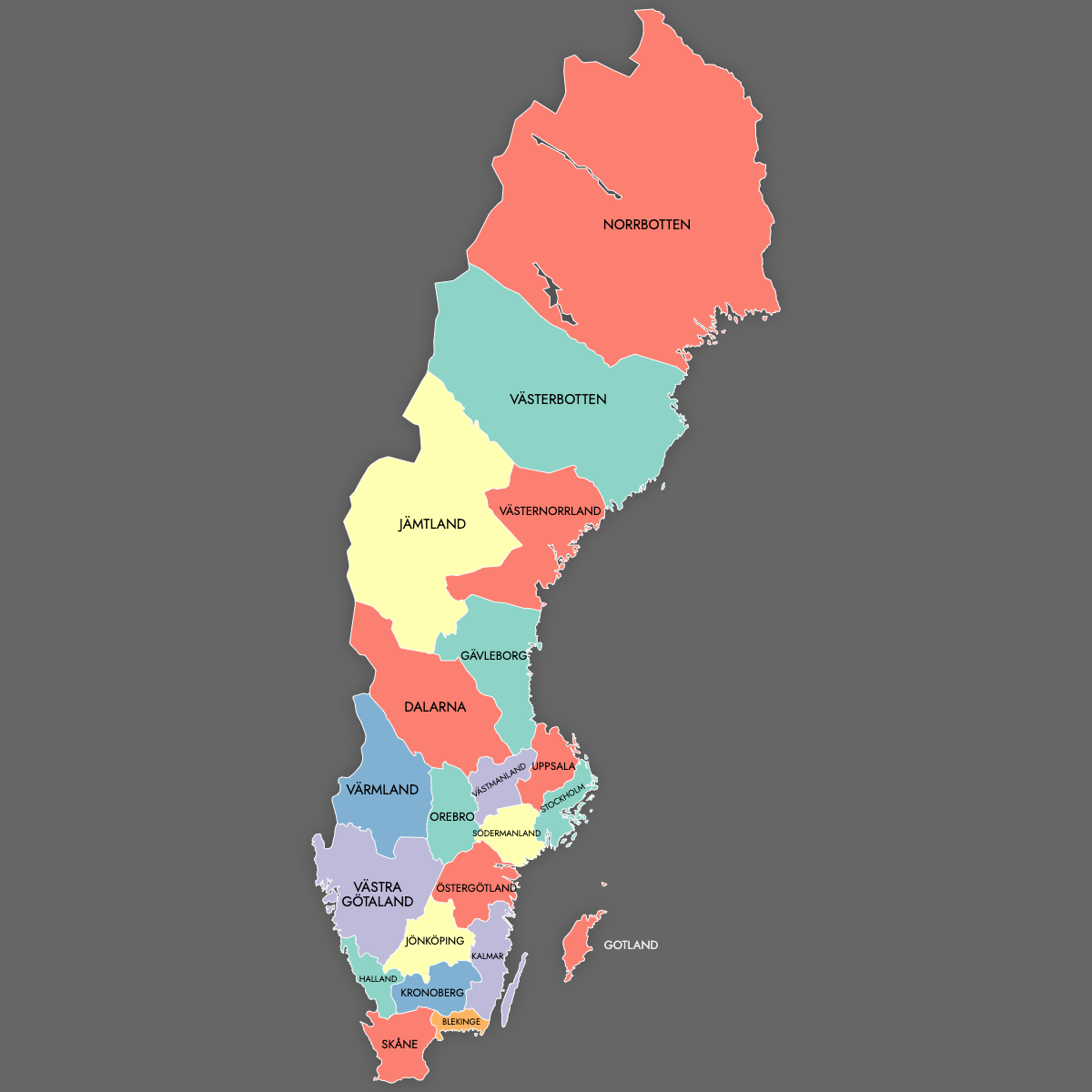 Custom Map of Sweden Counties with Labels (Dark Theme)