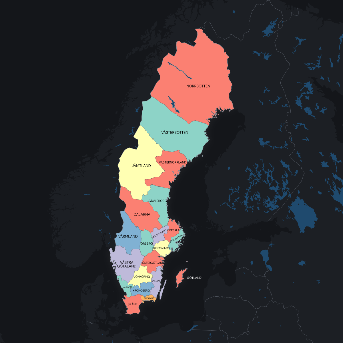 Dark themed map of Sweden with Counties
