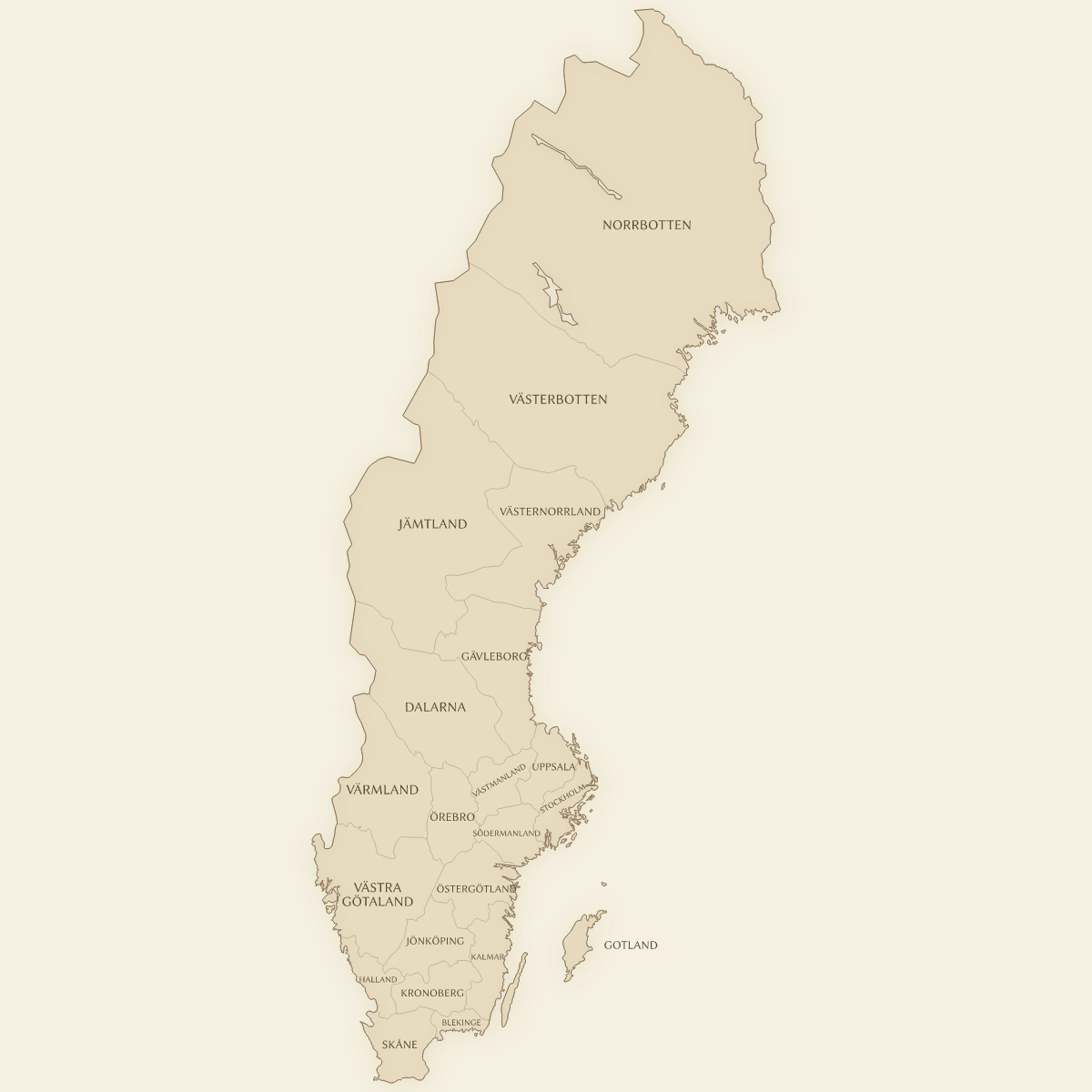 Vintage styled map of Sweden with Counties