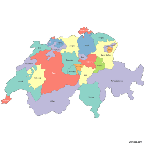 Preview of Labeled Map of Switzerland Cantons