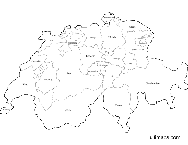 Preview of Labeled Map of Switzerland Cantons (Letter)