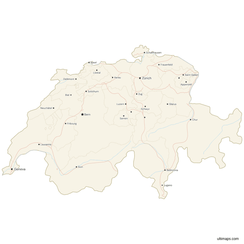 Map of Switzerland with Cities and Roads
