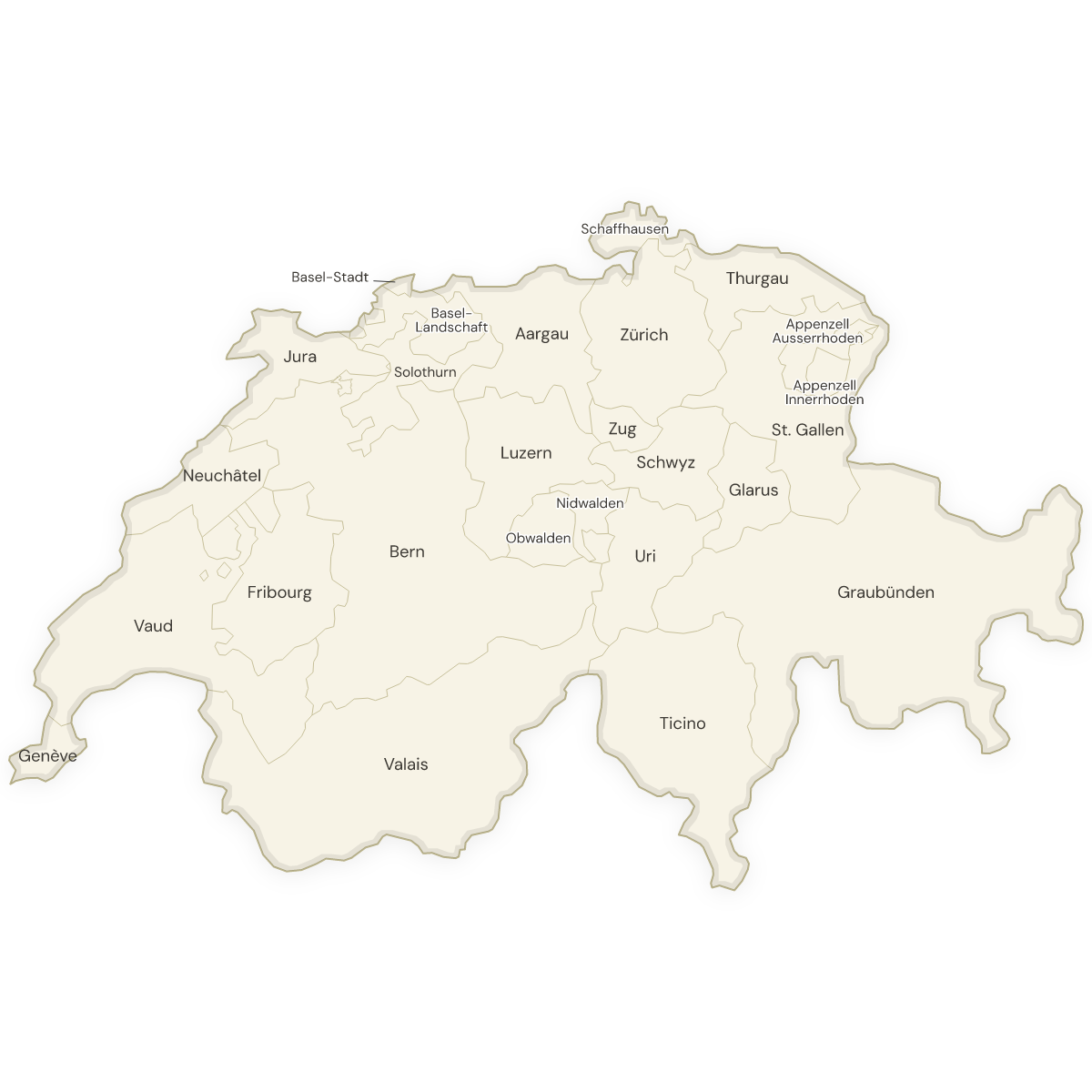 Blank map of Switzerland with labeled Cantons