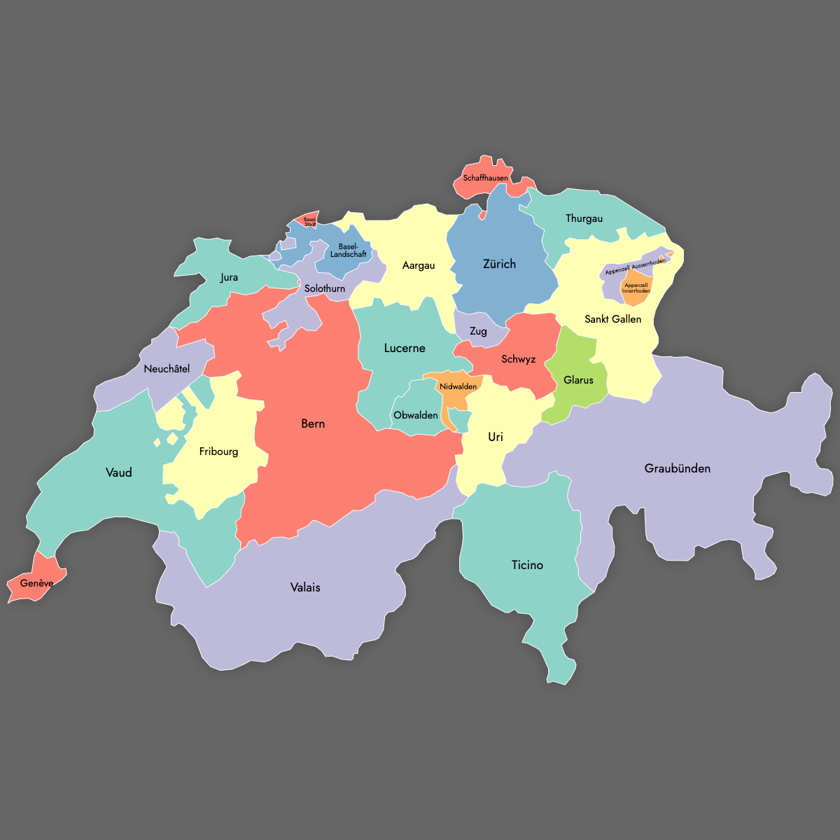 Custom Map of Switzerland Cantons with Labels (Dark Theme)