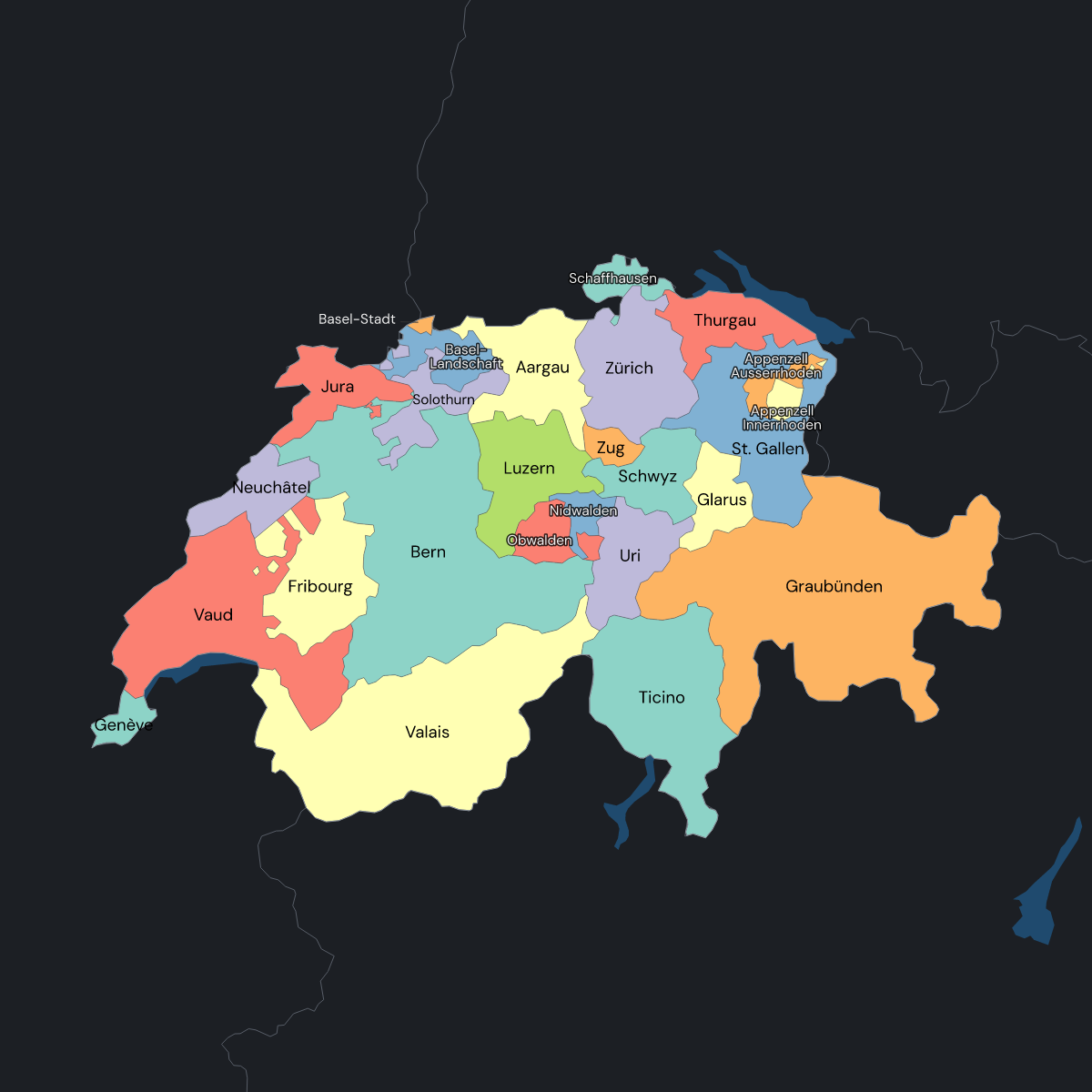 Dark themed map of Switzerland with Cantons