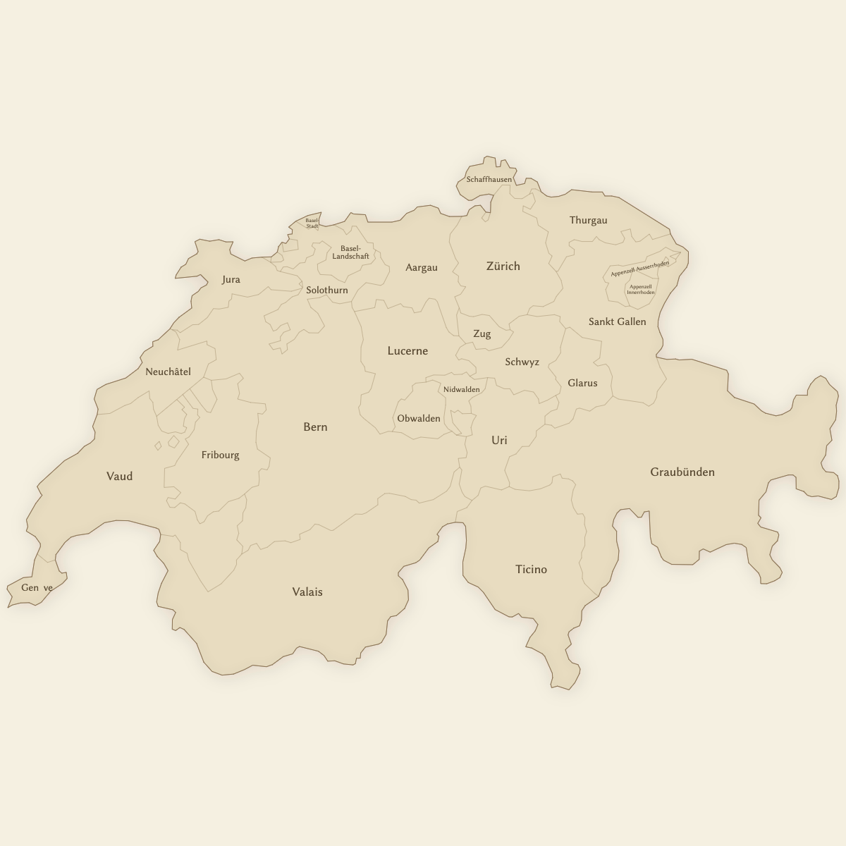 Styled Map of Switzerland Cantons (Vintage Theme)