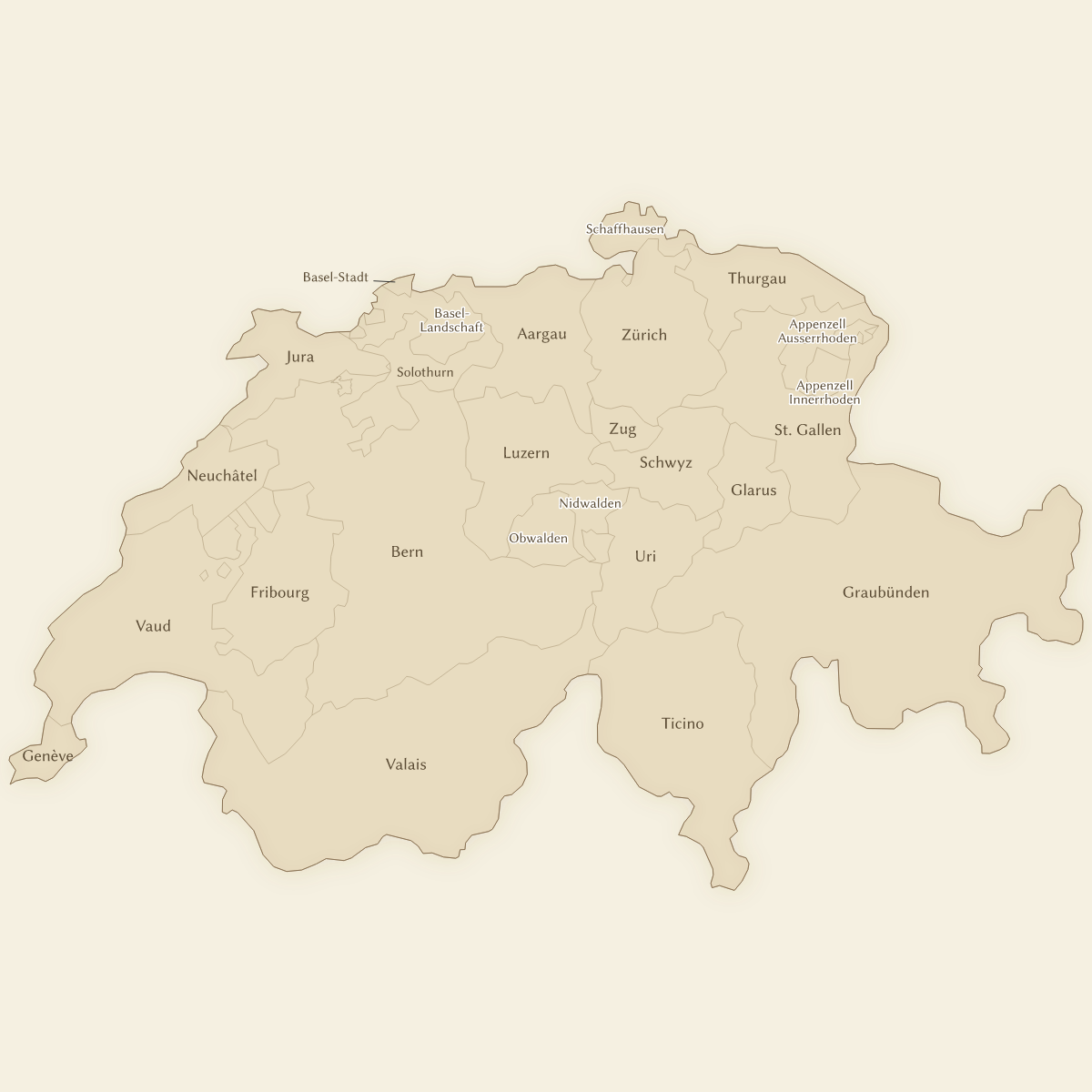 Vintage styled map of Switzerland with Cantons