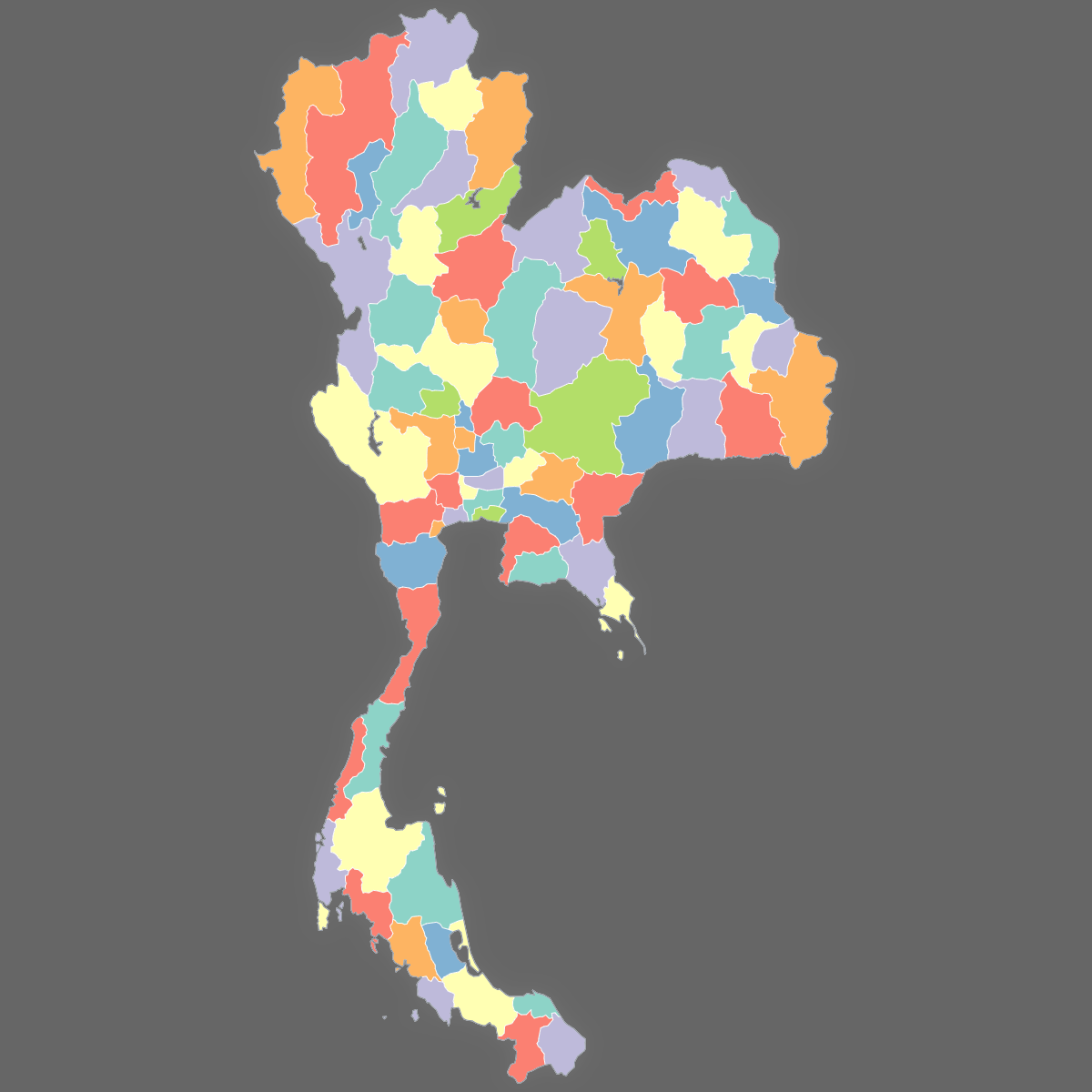 Dark themed map of Thailand with Provinces