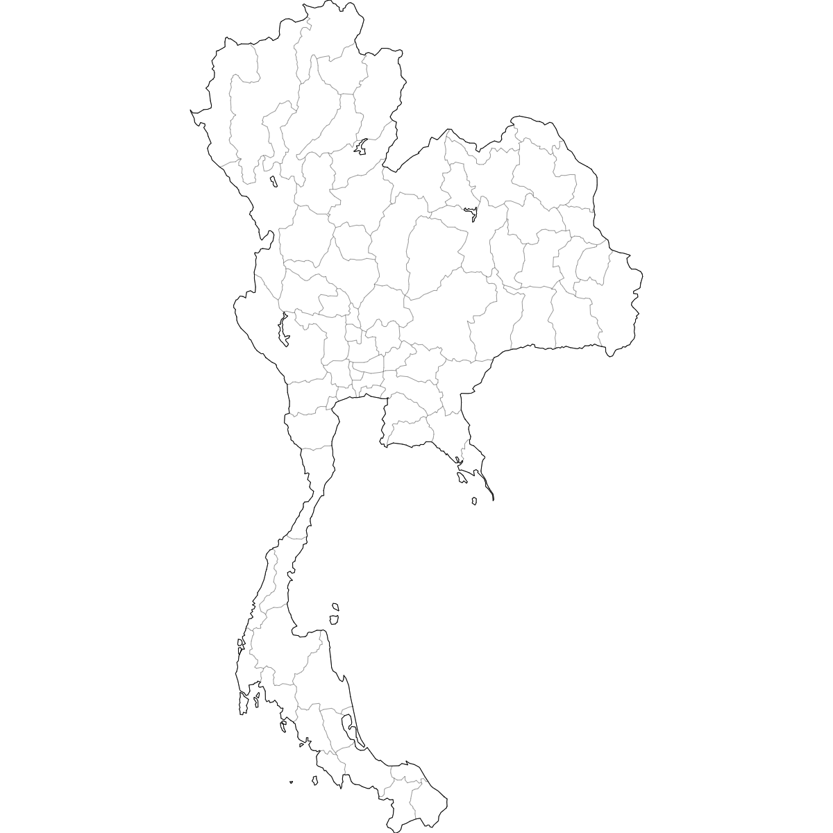 Blank outline map of Thailand showing province borders