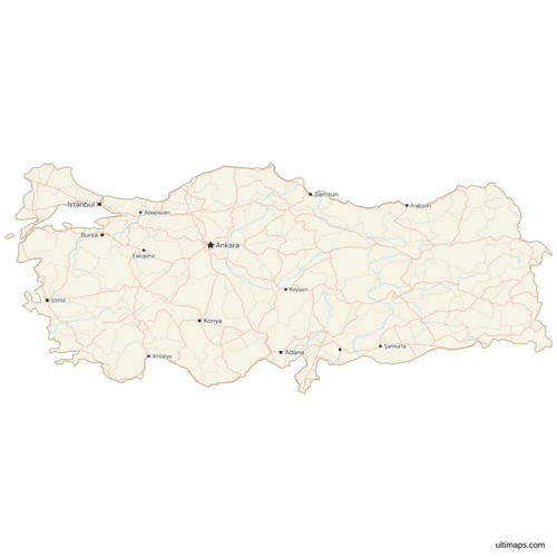 Map of Turkey with Cities and Roads