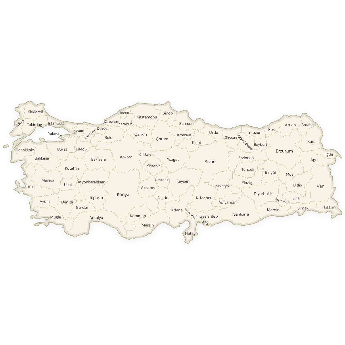 Blank map of Turkey with labeled Provinces
