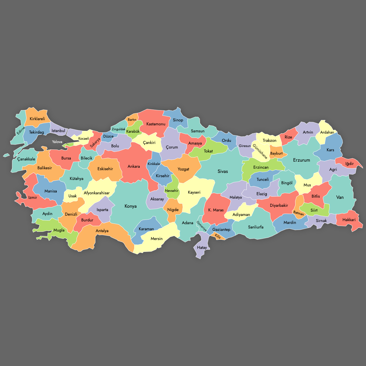 Custom Map of Turkey with Labels (Dark Theme)