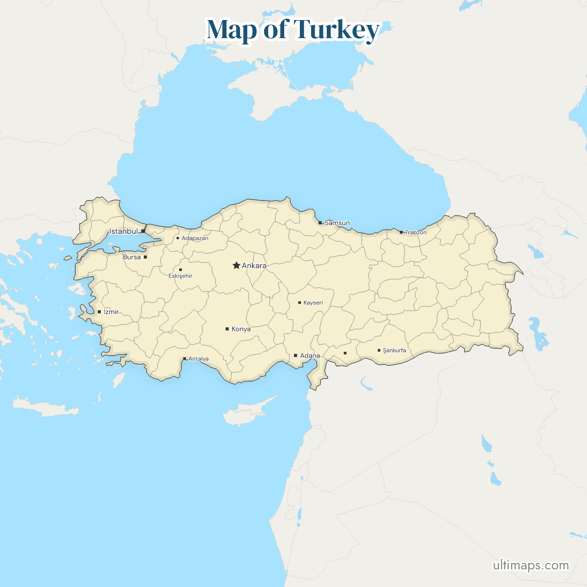Map of Turkey showing region borders