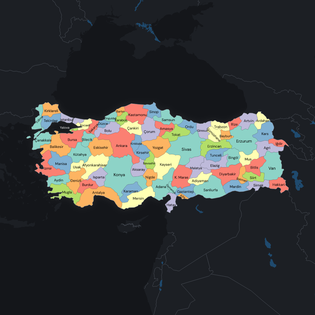 Dark themed map of Turkey with Provinces
