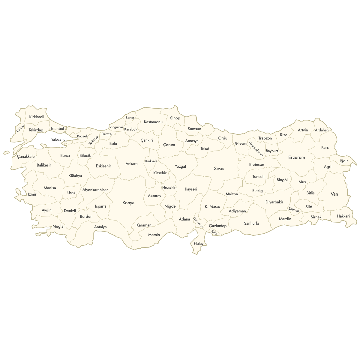 Unstyled Map of Turkey With Labels