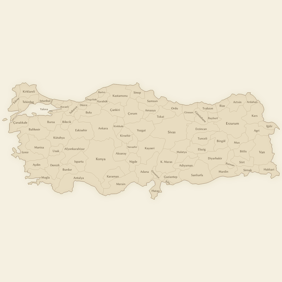 Vintage styled map of Turkey with Provinces