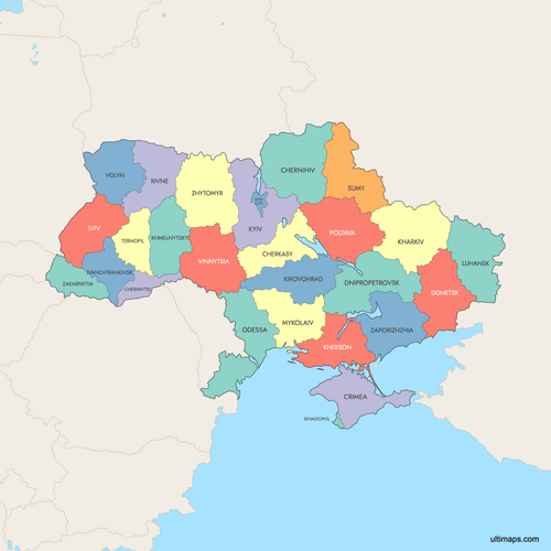 Preview of Colored Map of Ukraine Regions with Surrounding Areas
