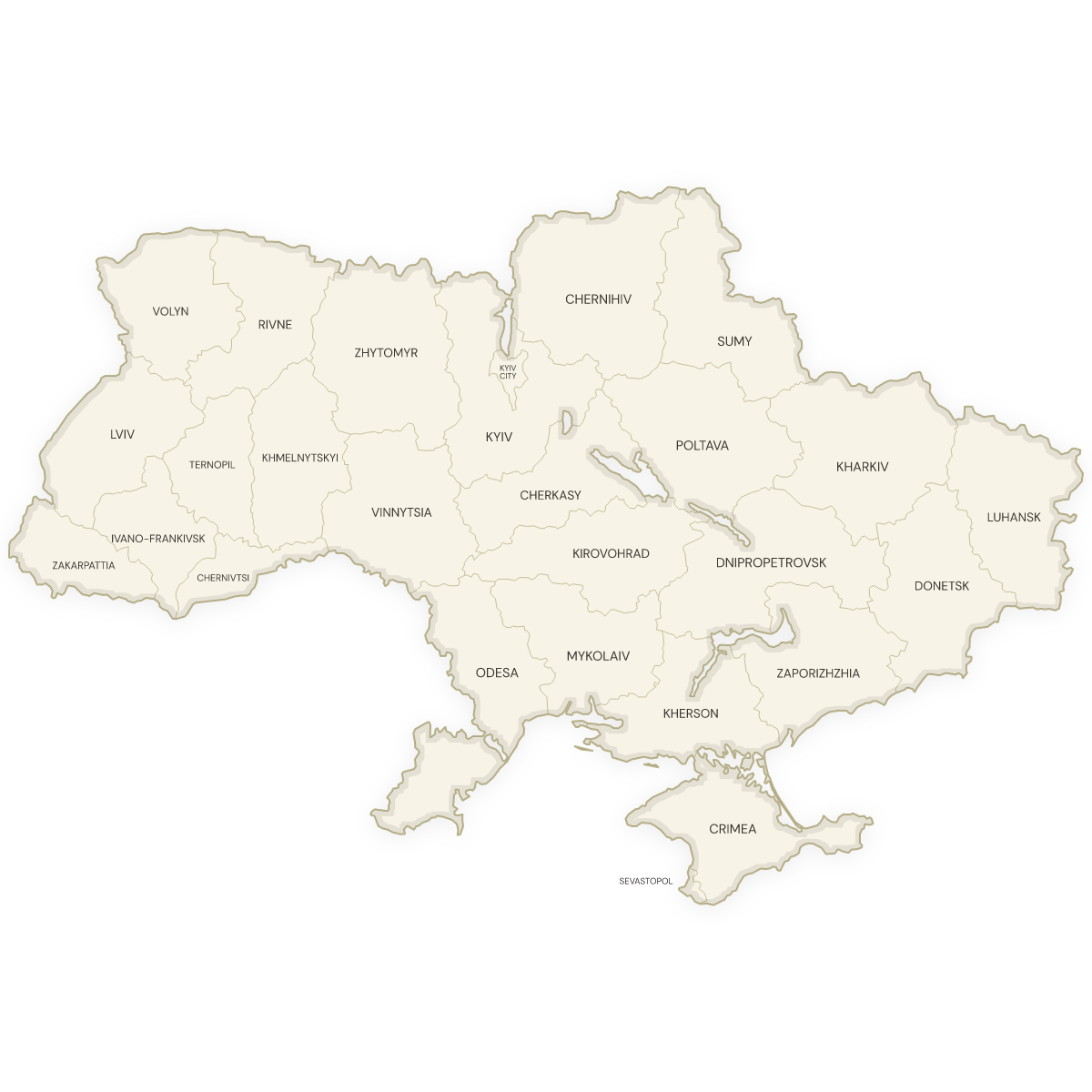 Blank map of Ukraine with labeled Regions