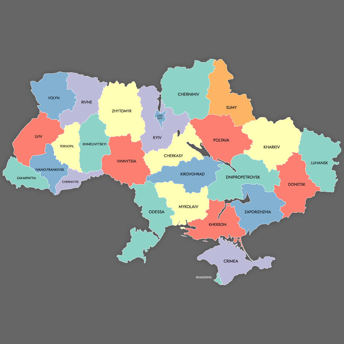 Custom Map of Ukraine Regions with Labels (Dark Theme)