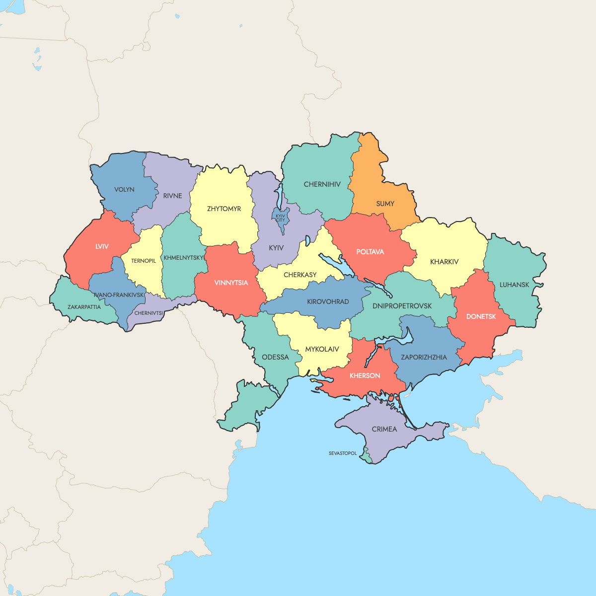 Custom Map of Ukraine Regions with Surrounding Areas