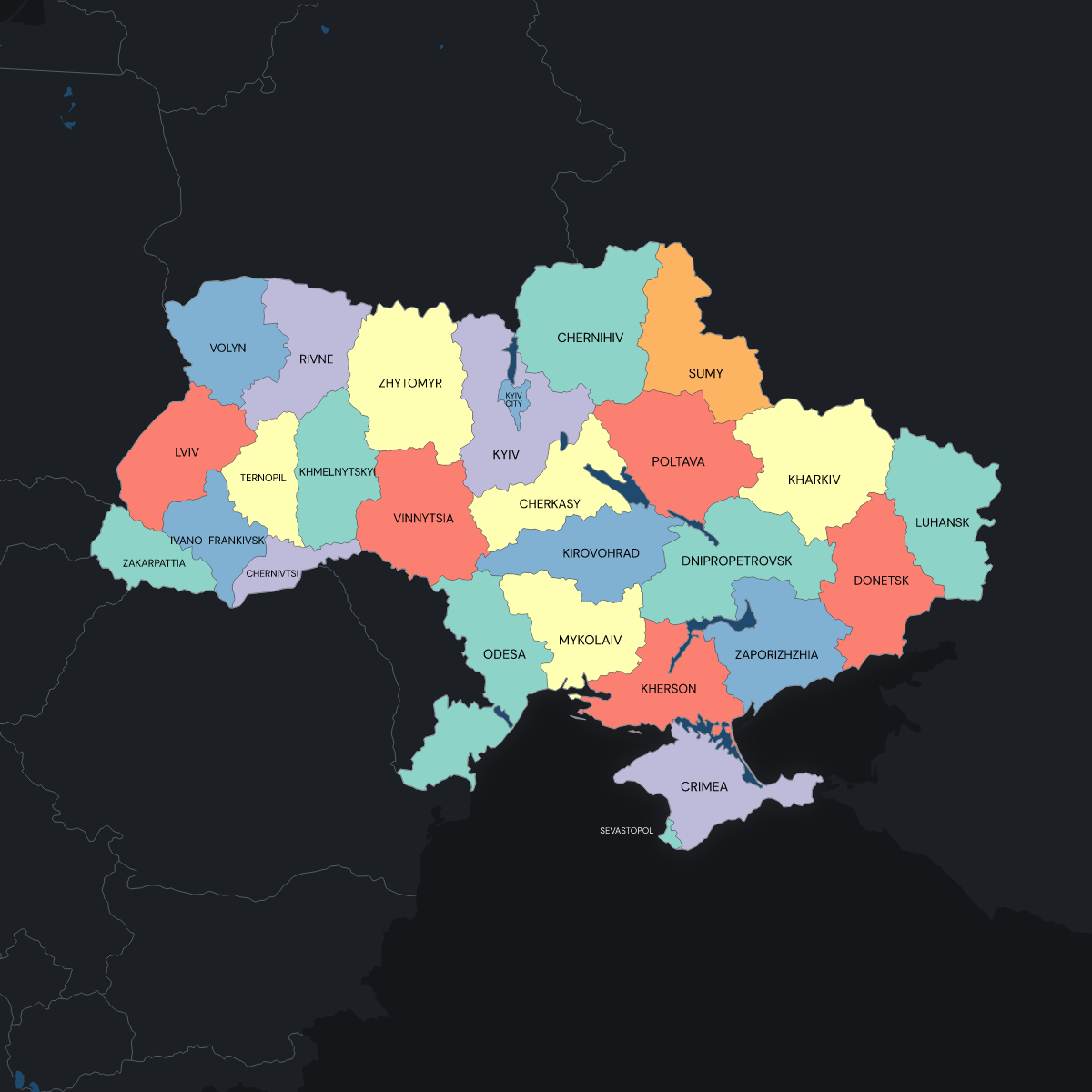 Dark themed map of Ukraine with Regions
