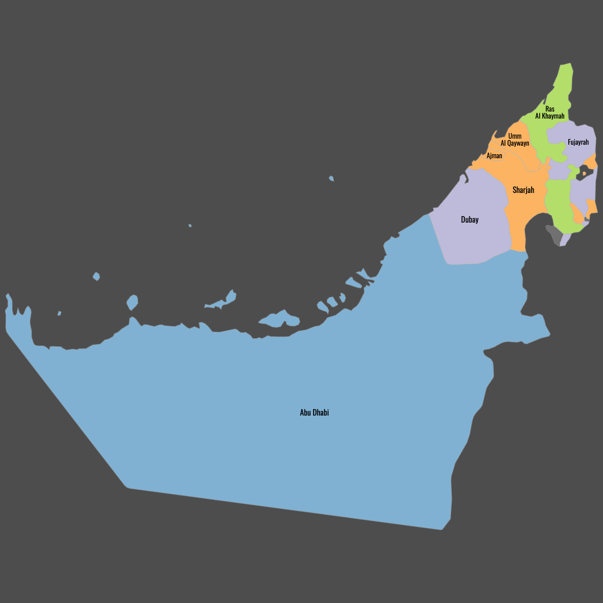 Colored Map of United Arab Emirates with Labels (Dark Theme)