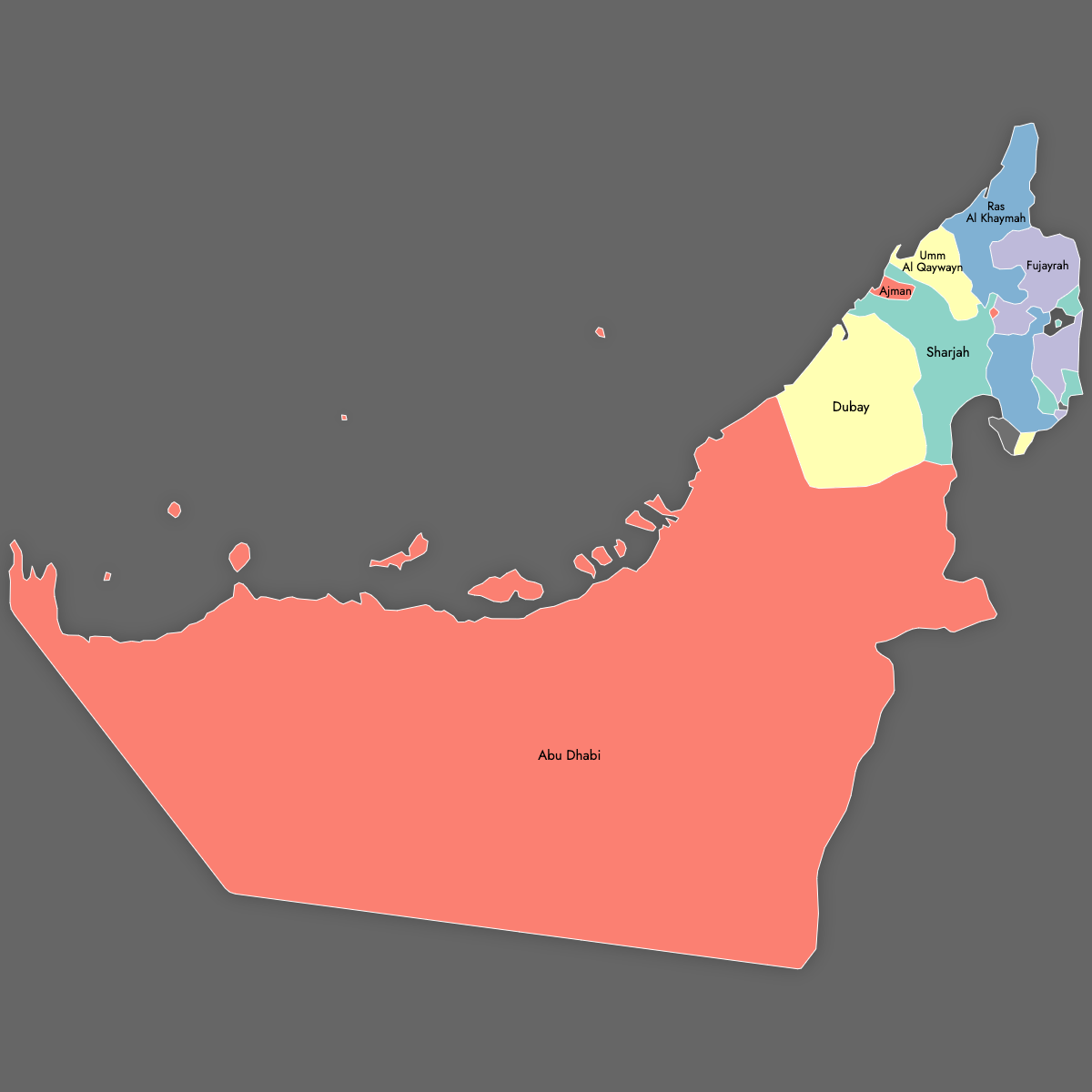 Custom Map of United Arab Emirates with Labels (Dark Theme)