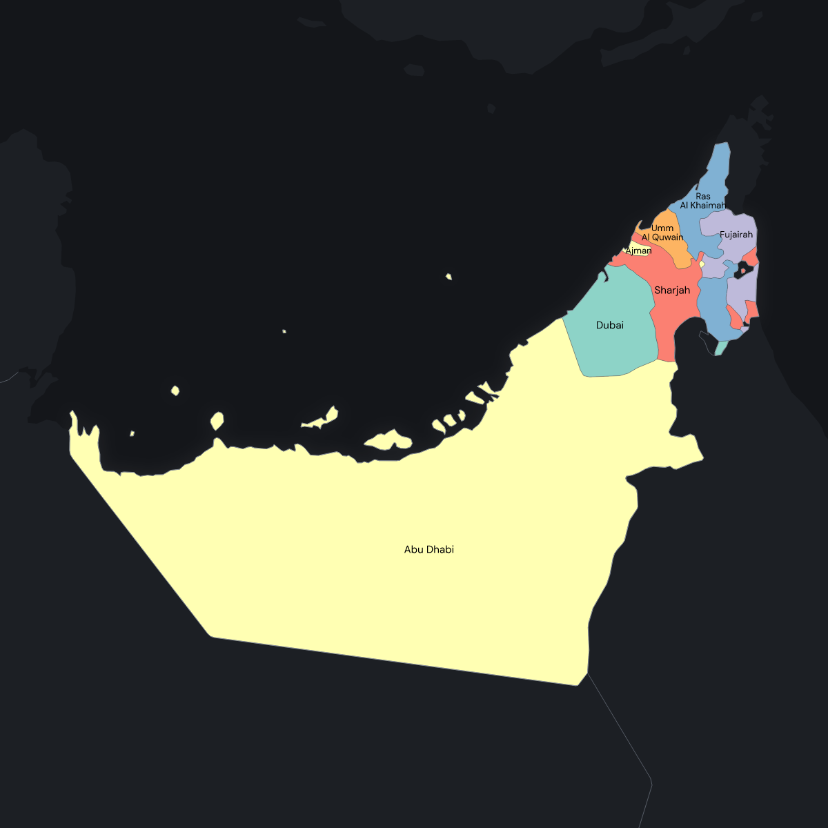 Dark themed map of UAE with Emirates
