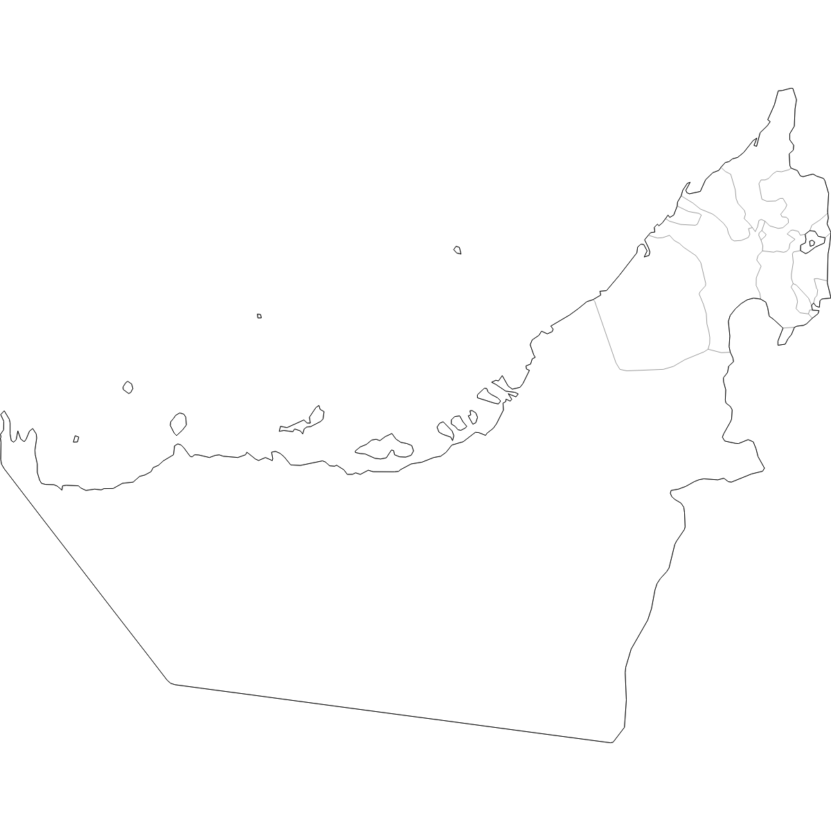 Blank outline map of United Arab Emirates showing emirate borders