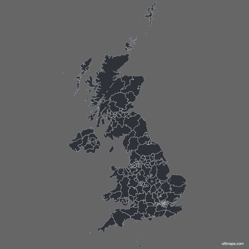 Preview of Blank United Kingdom Map with Counties and Crown Dependencies (Dark)