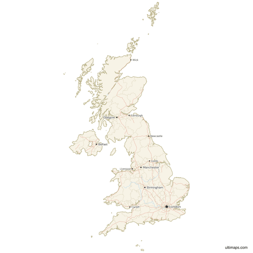 Map of the United Kingdom with Cities and Roads