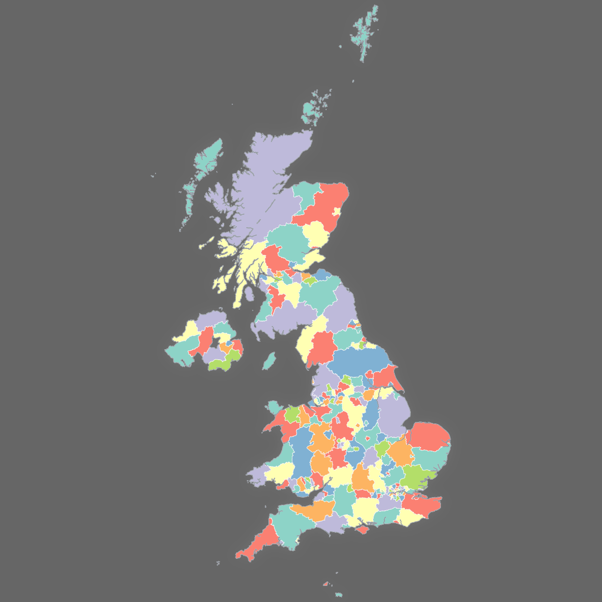 Dark themed map of the United Kingdom with Counties and Crown Dependencies