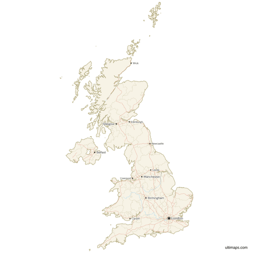 Map of the United Kingdom with Cities and Roads