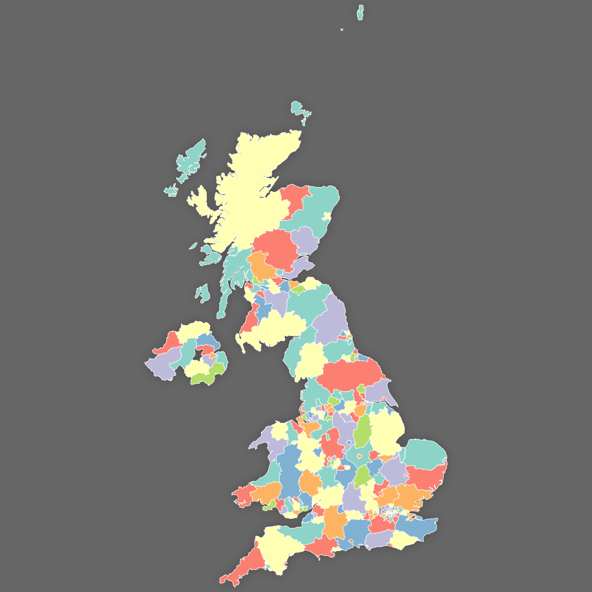 Custom Map of United Kingdom Counties (Dark Theme)