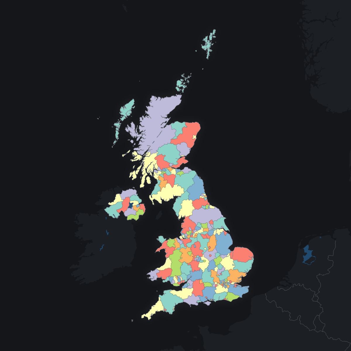 Dark themed map of the United Kingdom with Counties and Unitary Authorities