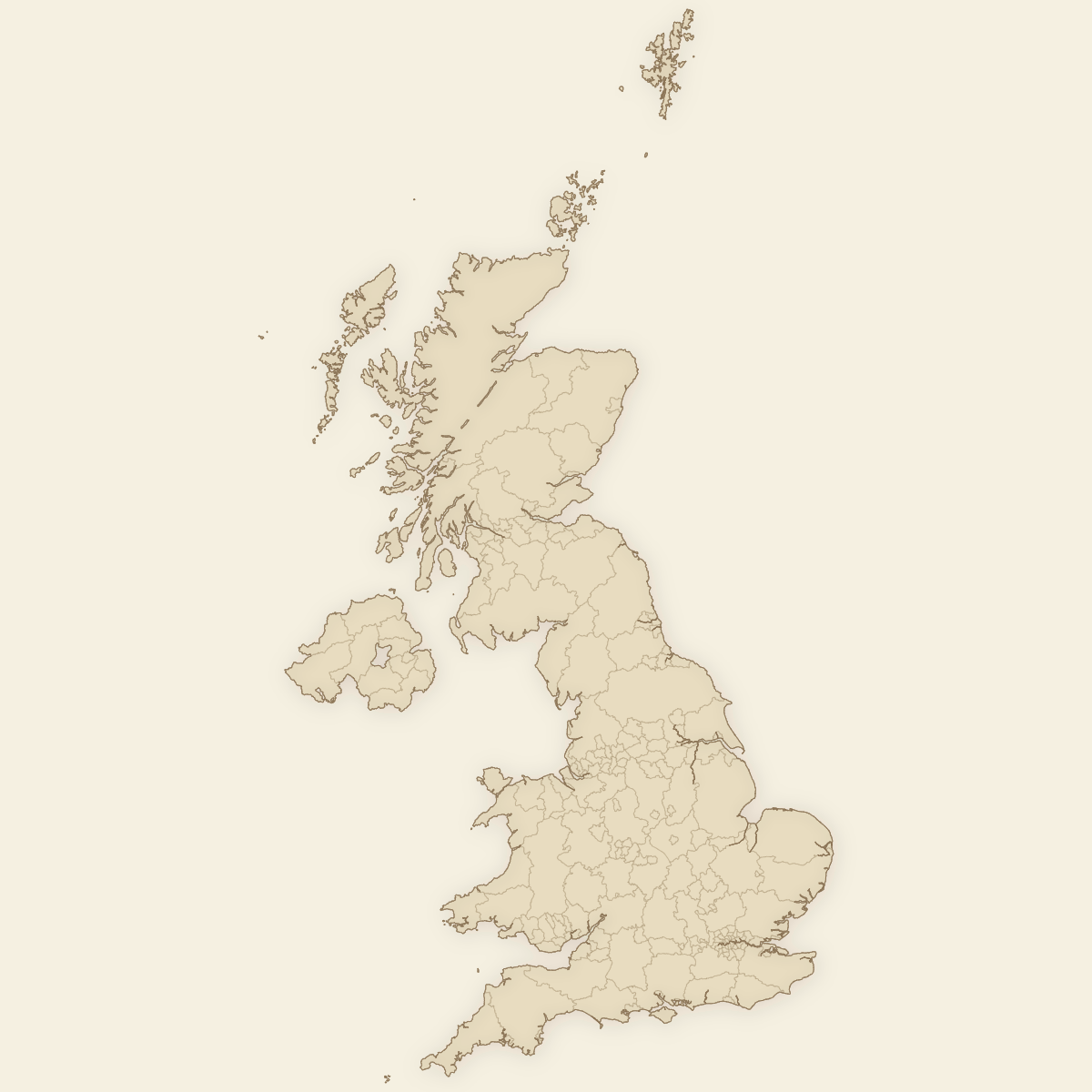 Styled Map of United Kingdom Counties and Unitary Authorities (Vintage Theme)