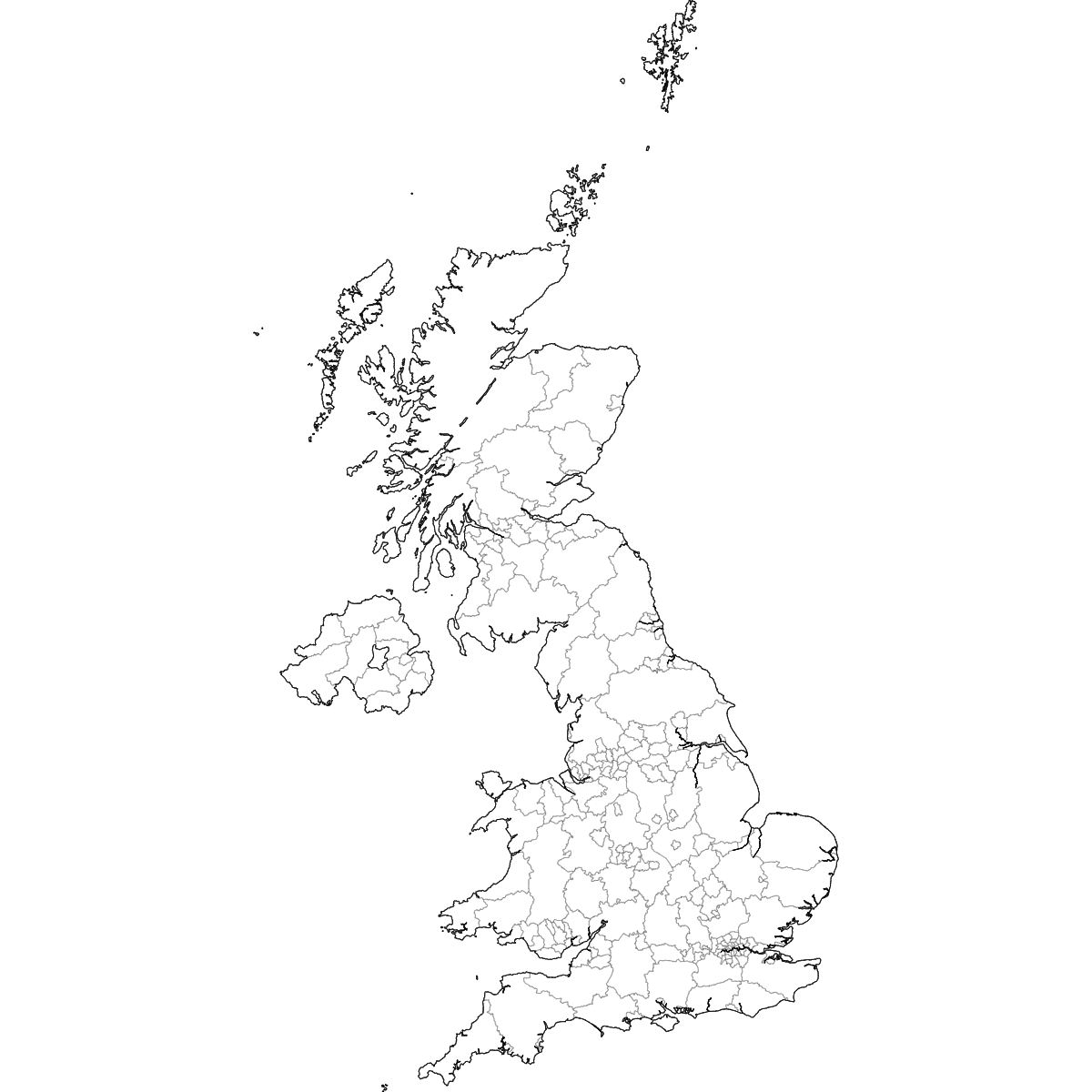 Wireframe Map of United Kingdom Counties and Unitary Authorities