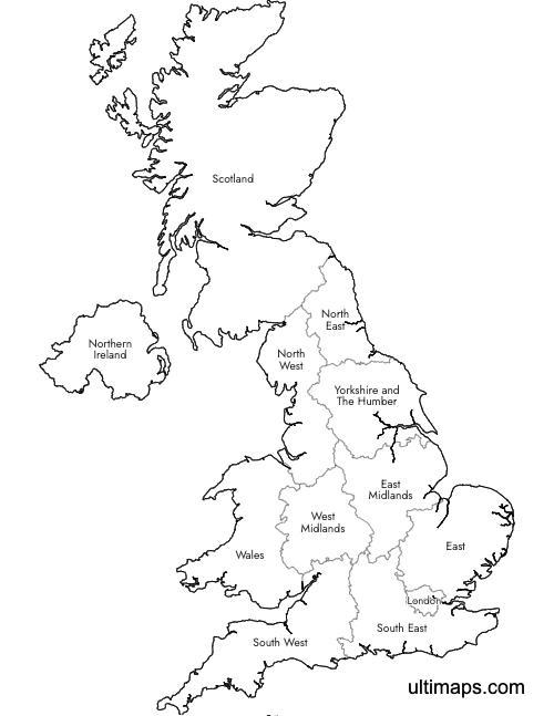 Preview of Labeled Map of United Kingdom Regions (A4)