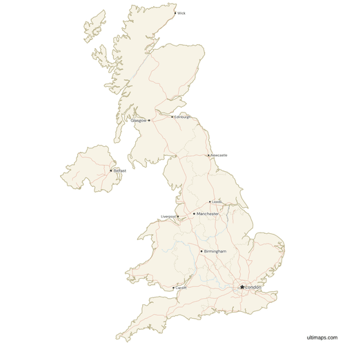 Map of the United Kingdom with Cities and Roads