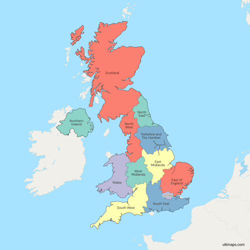 Political Map of the United Kingdom with ITL1 (NUTS1) Regions