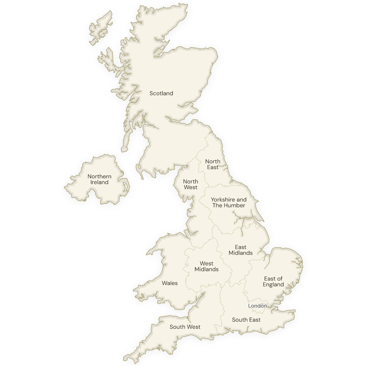 Blank map of the United Kingdom with labeled ITL1 (NUTS1) Regions