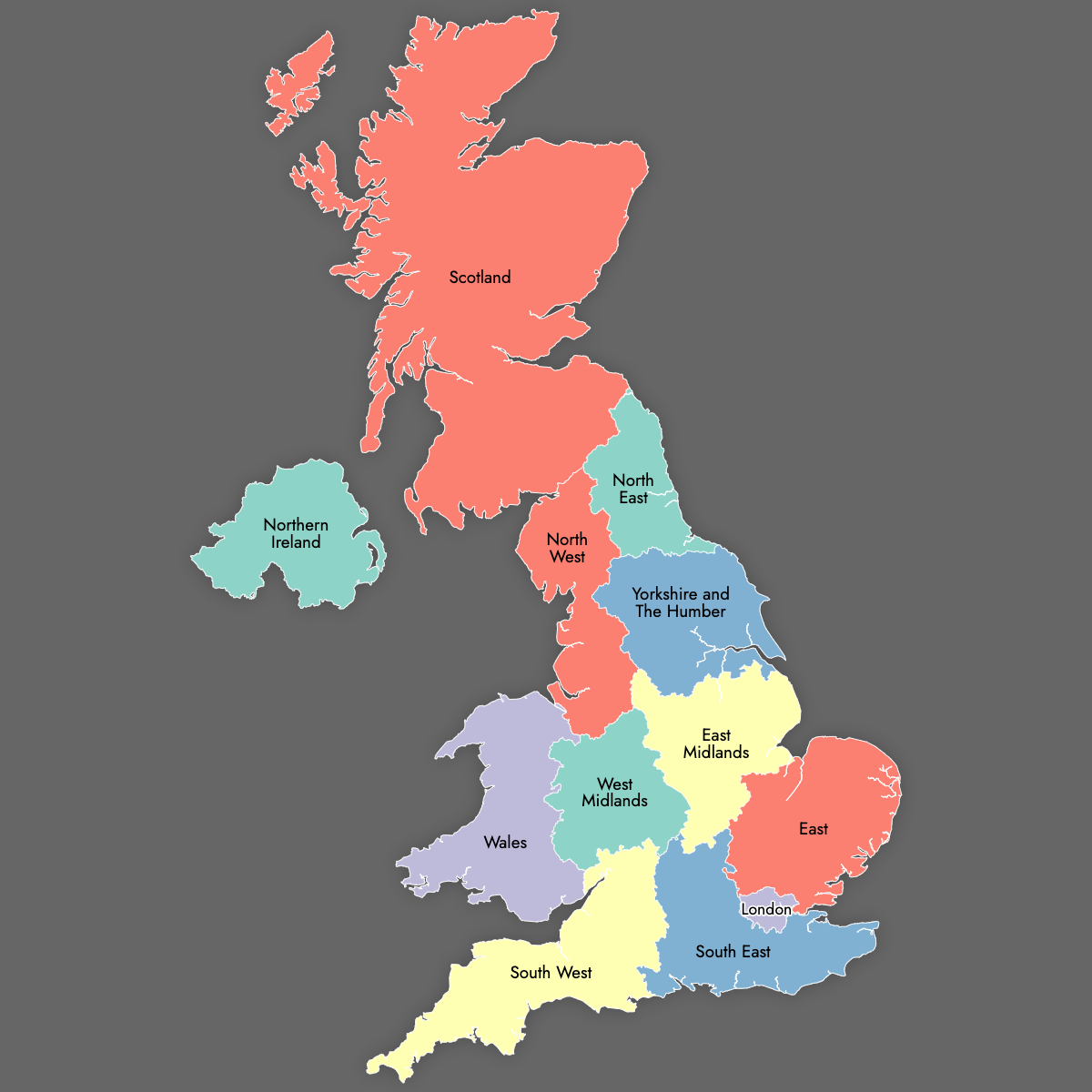Custom Map of United Kingdom Regions with Labels (Dark Theme)