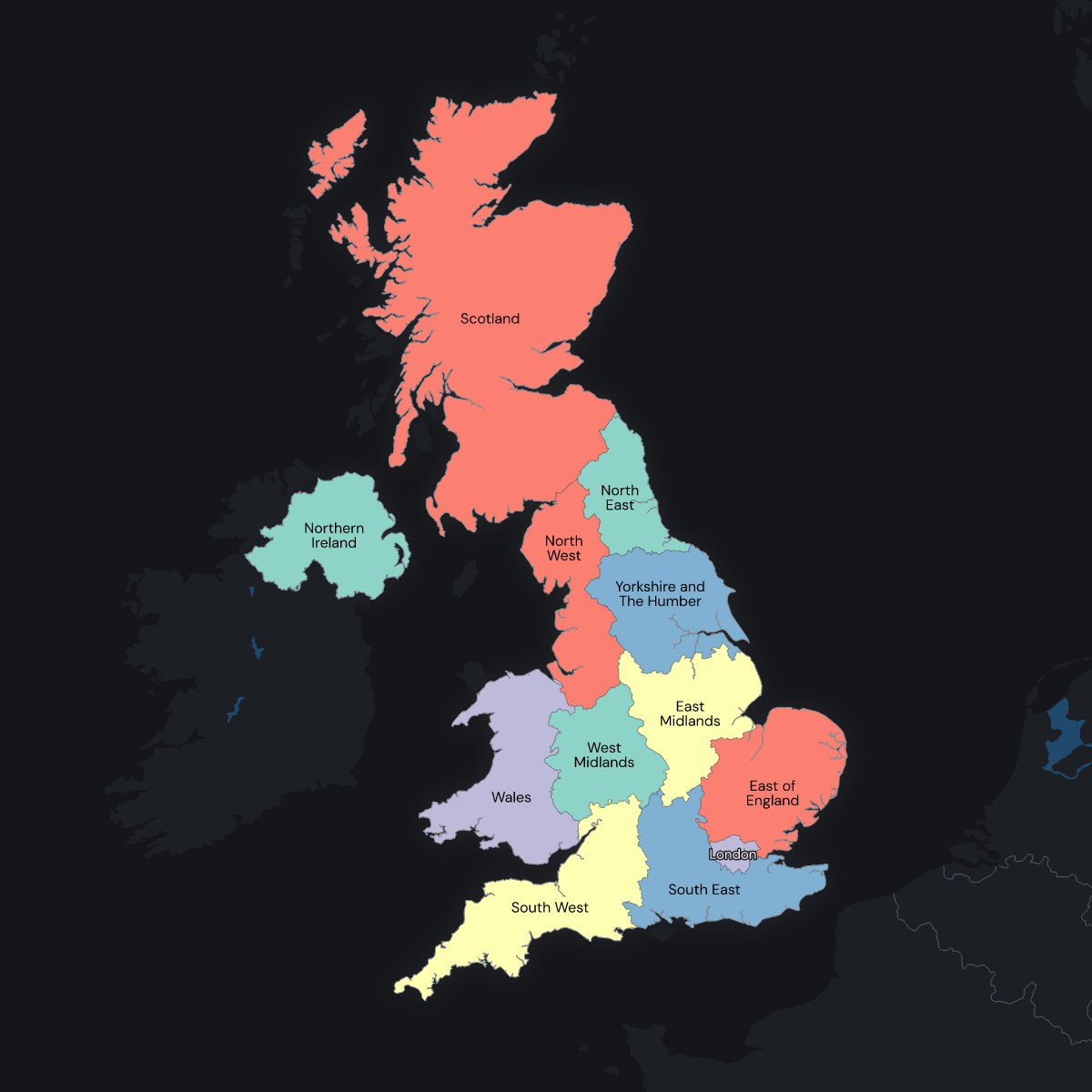 Dark themed map of the United Kingdom with ITL1 (NUTS1) Regions